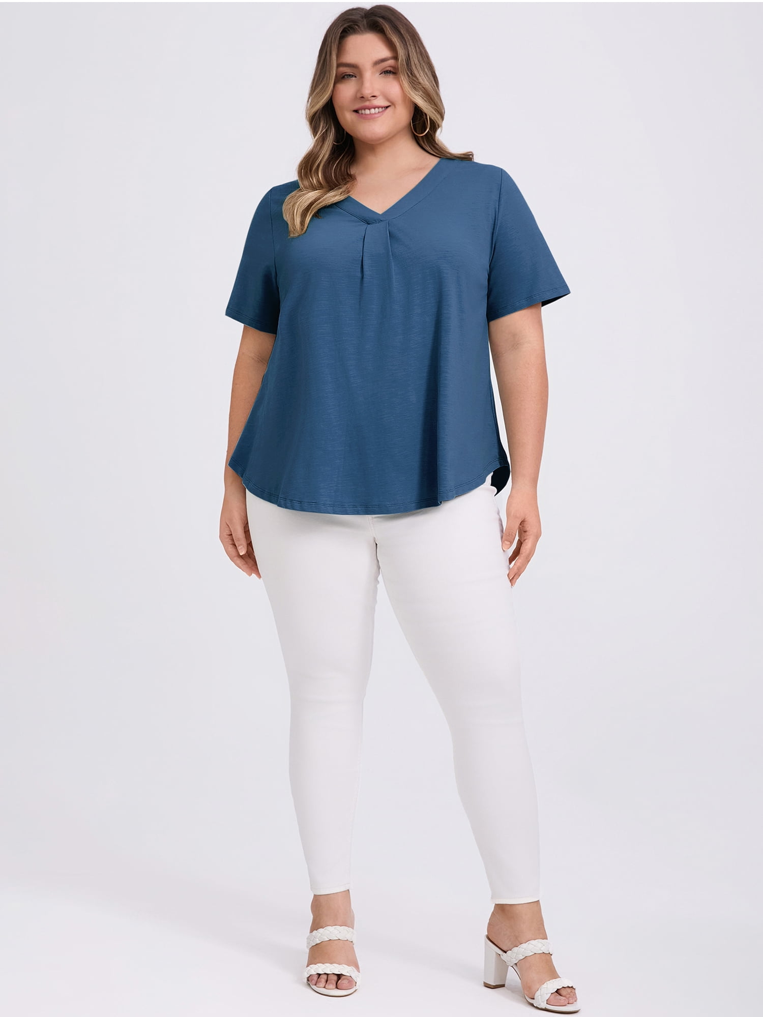 DARING DIVA Women's Plus Casual Trendy Pleated Shirt Dressy Work Blouse 1X Navy Blue