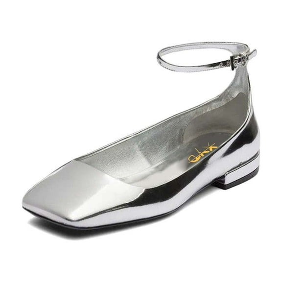 XYD Women Square Toe Flats Slender Ankle Strap with Buckle Chic Low Heel Casual Dress Shoes Size 7 Silver