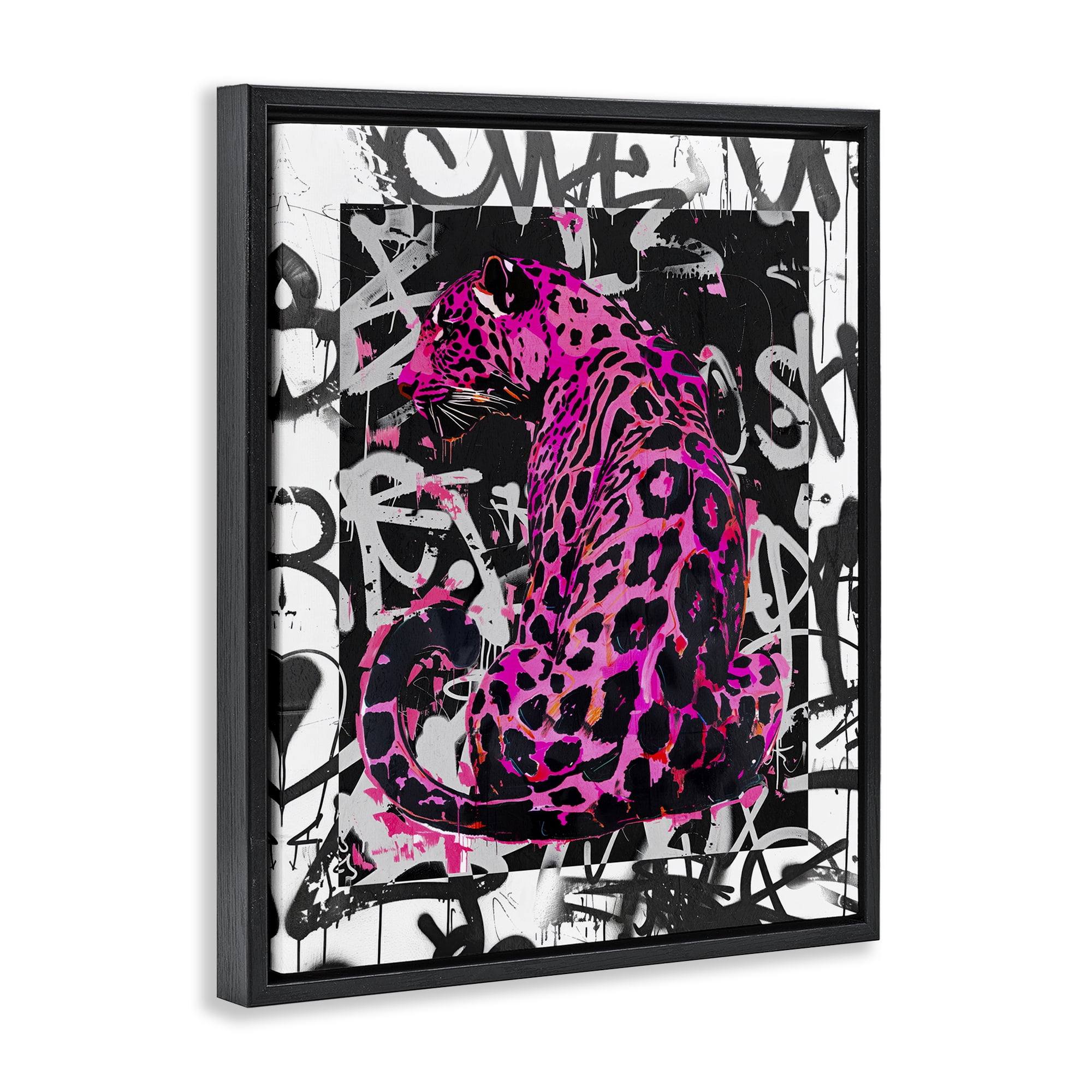 Stupell Industries Urban Graffiti Leopard Abstract Painting Black Floater Framed Canvas Art Print Wall Art, 25 x 31