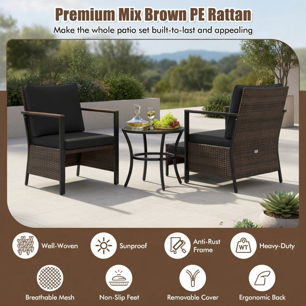 Hommoo 4-Piece Modern Outdoor Wicker Furniture Set with Tempered Glass Coffee Table, PE Rattan & Metal Frame, Black