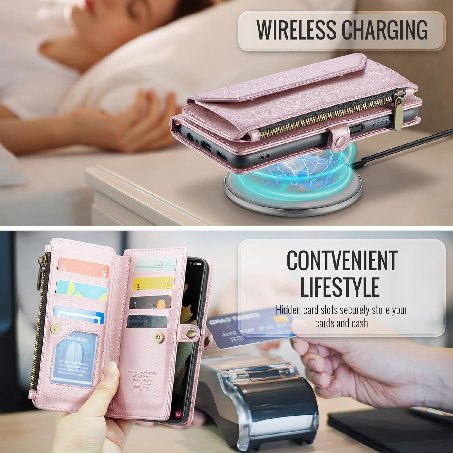 Phone Case for Samsung Galaxy S21 Ultra 5G Zipper Wallet Cover with Tempered Glass Screen Protector and Flip RFID Blocking Card Holder Cell S21ultra 21S S 21 21ultra G5 Women Girls Rose Gold