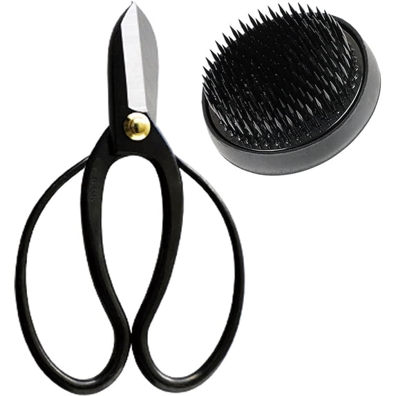 Wazakura Made in Japan Ikebana Tool Kit - Koryu Scissors + Black Kenzan Flower Holder 2.4"