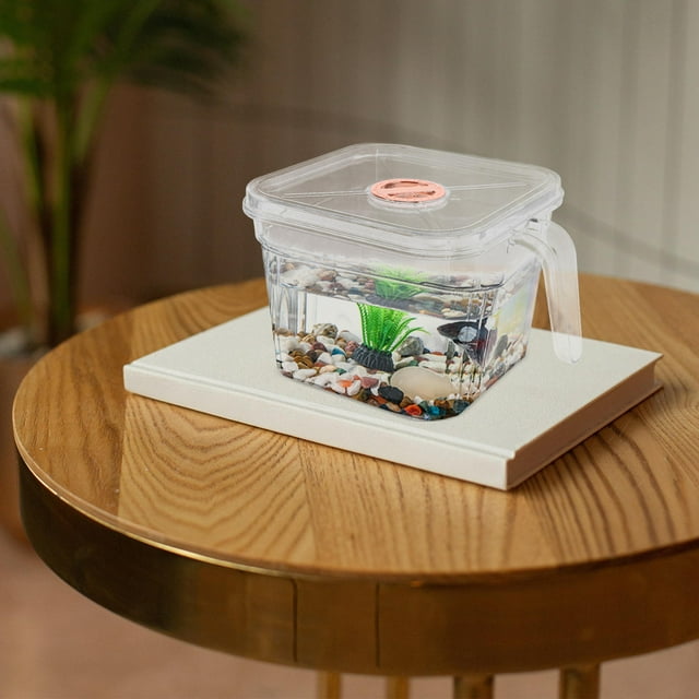 OUNONA 1Pack Mini Plastic Fish Tank for Decorating Desk and Bookshelf 5.7x5.7x4.3in