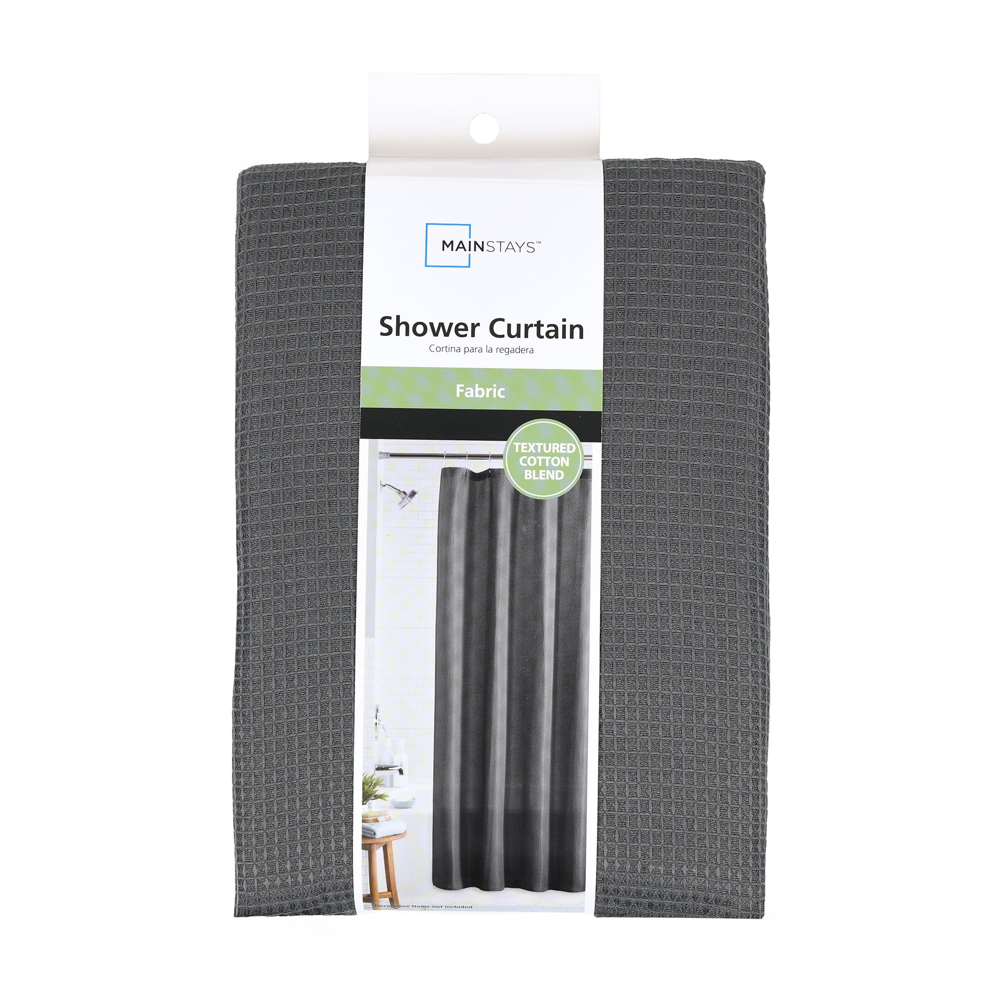 Mainstays Waffle-Weave Fabric Shower Curtain, Cotton Blend with 20% Recycled Polyester, 72 in x 72 in, Gray