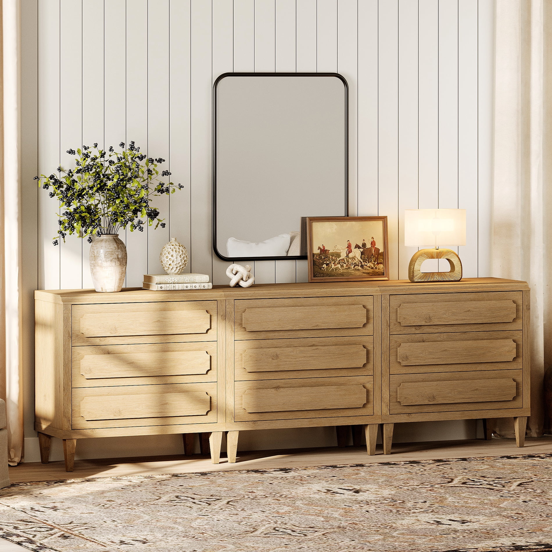 9-Drawer Modern Oak Dresser, Tall Wooden Dresser Storage Cabinet for Bedroom, Nursey, Hallway