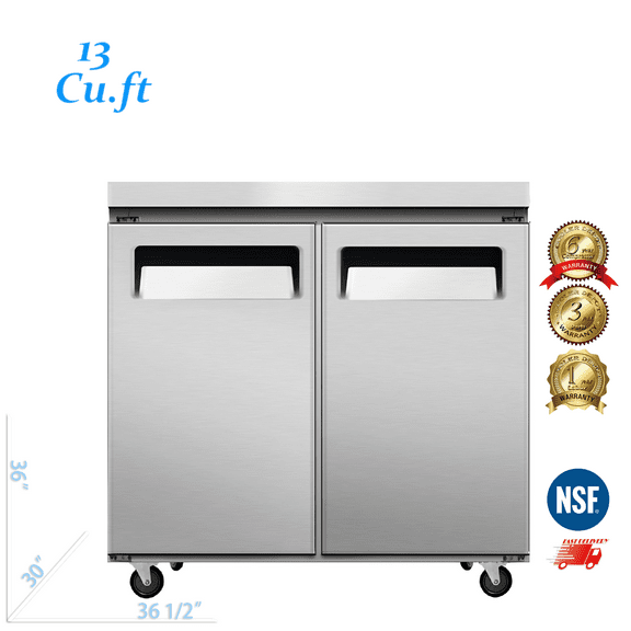 Cooler Depot 36.5 inch 13 cu.ft, 36" heigh Commercial Undercounter Freezer, 2 Solid Doors, Stainless steel exterior, NSF certified.