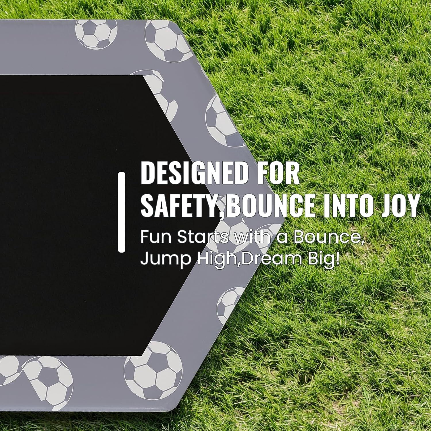 MOOSENG 7-in-1 Kids Trampoline with Safety Enclosure Net, 55" Hexagonal Indoor Outdoor Toddler Trampoline for Ages 1-8, Adjustable Handrail, Basketball Hoop, Gymnastic Rings