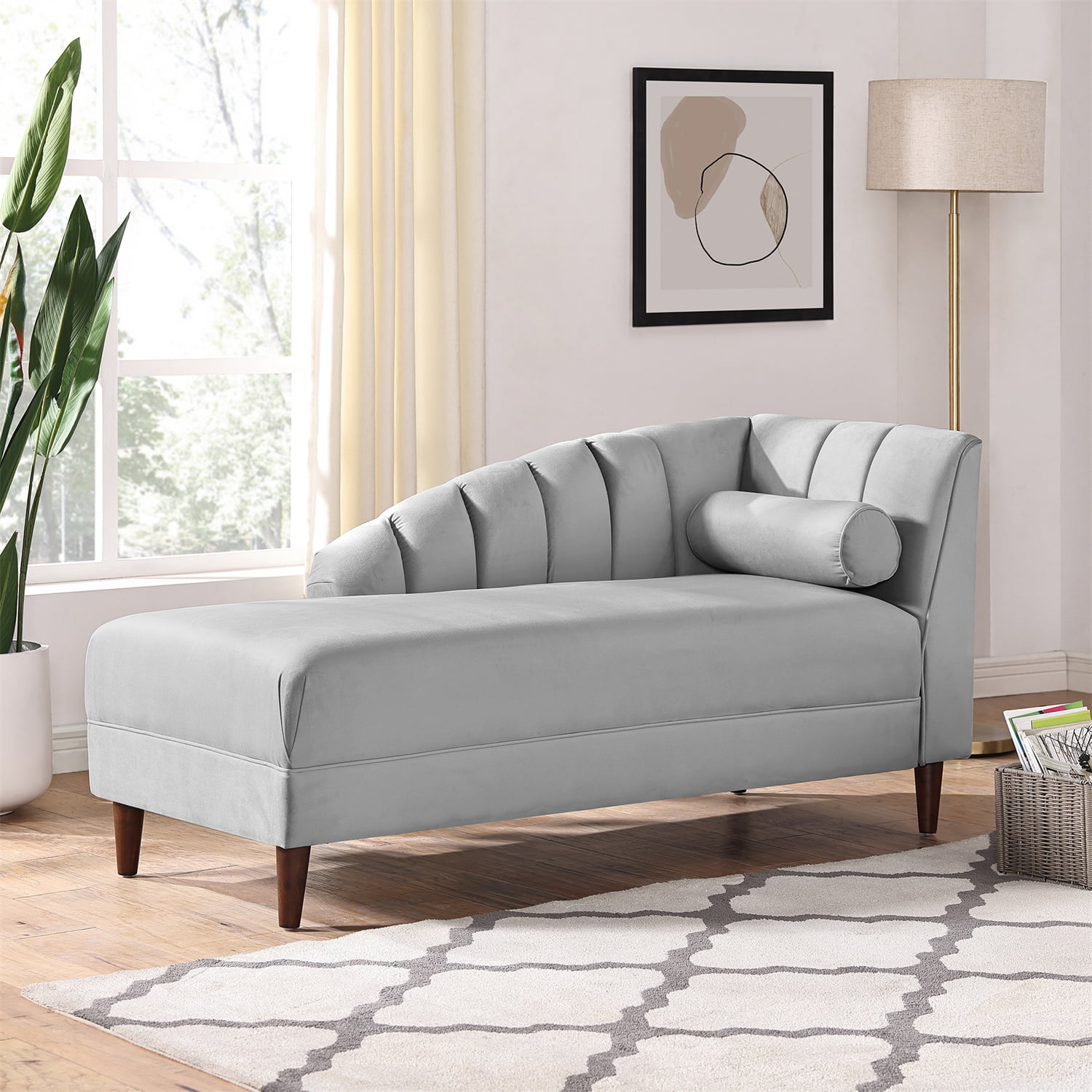 HomSof Chaise, Grey Modern Velvet Indoor, Left Arm Design Lounge Sofa, Reclining Chair Solid Wood Legs with 1 Pillow