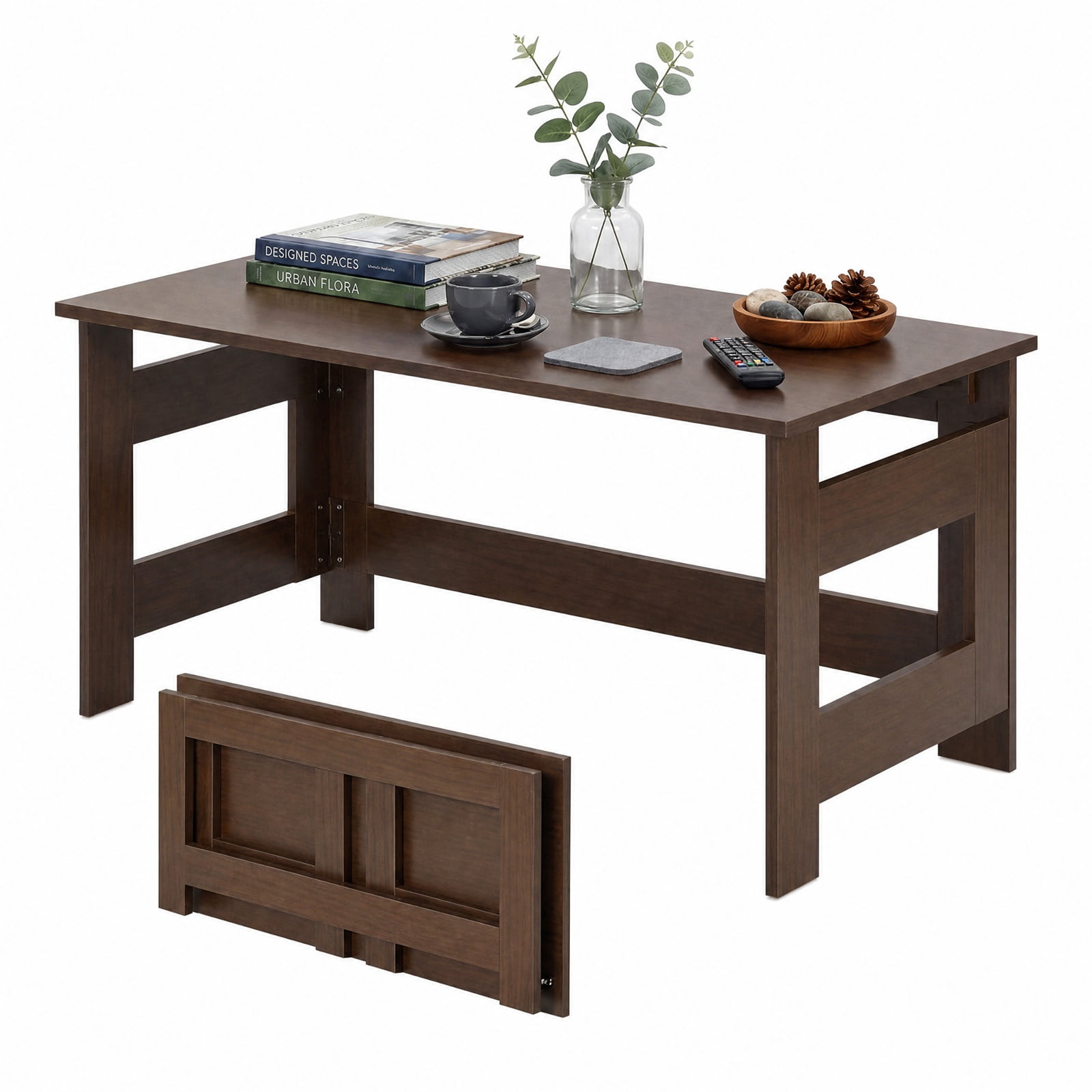 Furnibear Portable Low Floor Table with Foldable Legs Space Saving Folding Coffee Table for Living Room Dining Reading Gaming, Brown