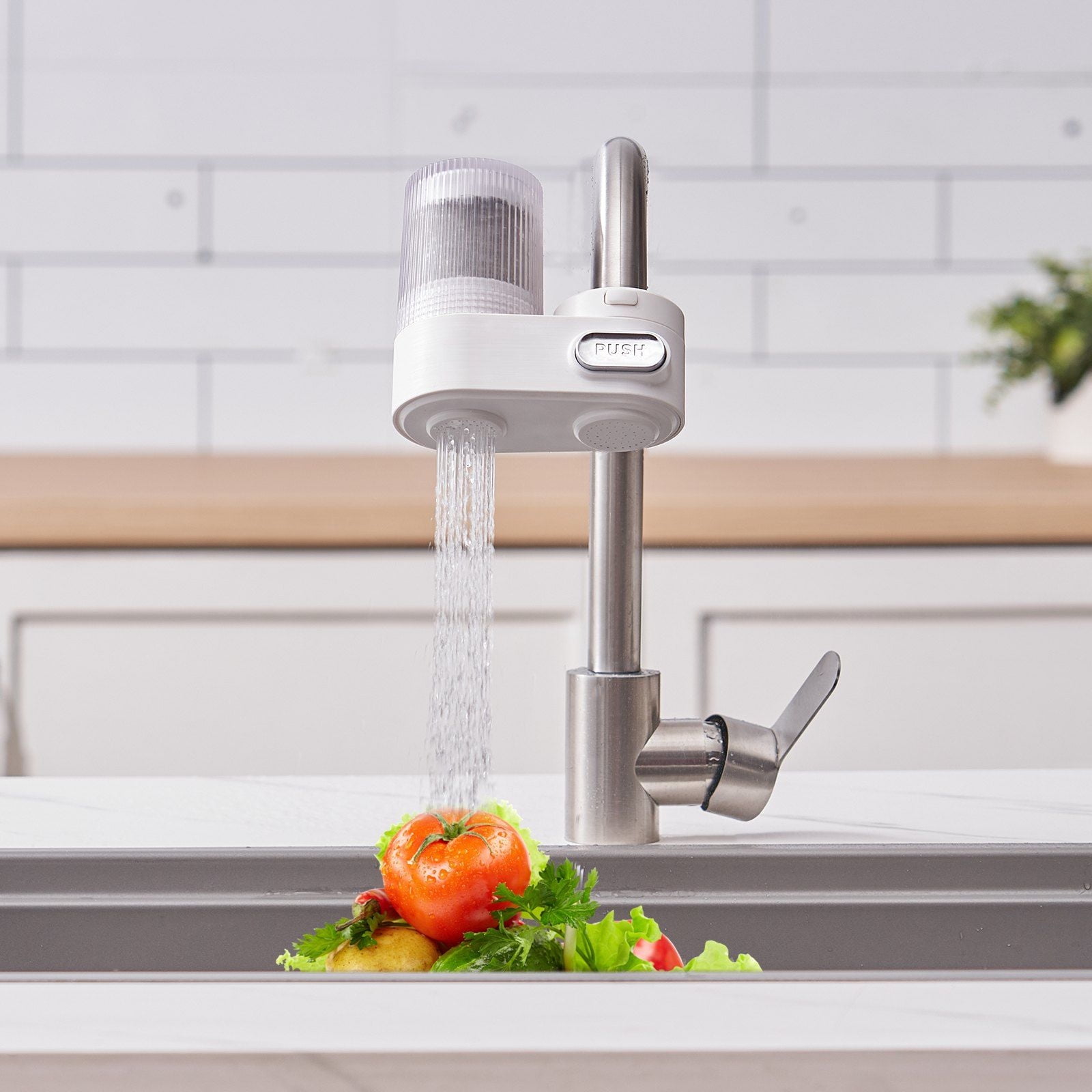 White Faucet Mount Water Filter – Kitchen Sink Water Purifier with 3-Stage Filtration, High Flow Rate