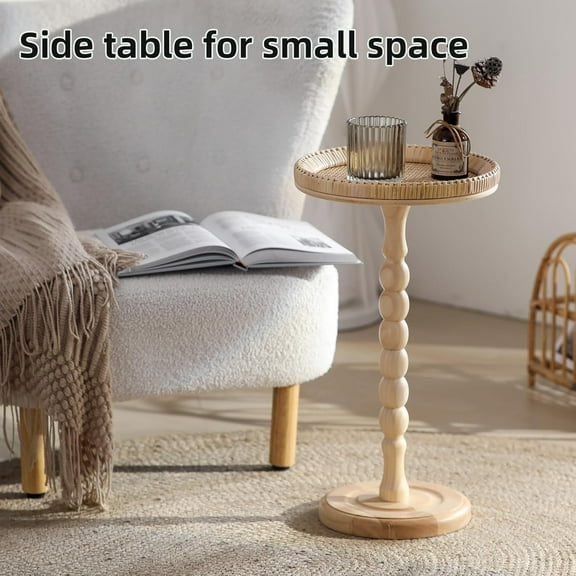 Rattan Small Side Table, Round Drink Table for Small Spaces, Boho Accent End Table with Solid Wood Leg