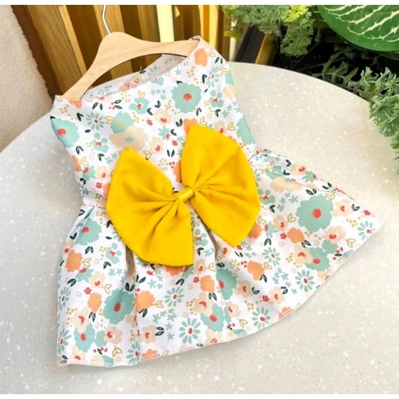 Floral Pet Dress with Yellow Bow – Lightweight Summer Puppy & Small Dog/Cat Outfit, Cute Everyday Wear