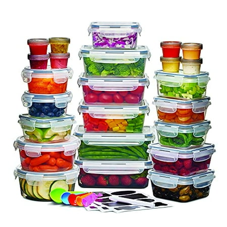 24 Pack Airtight Food Storage Container Set - BPA Free Clear Plastic Kitchen and Pantry Organization Meal Prep Lunch Container with Durable Leak Proof Lids - Labels Marker & Spoon Set