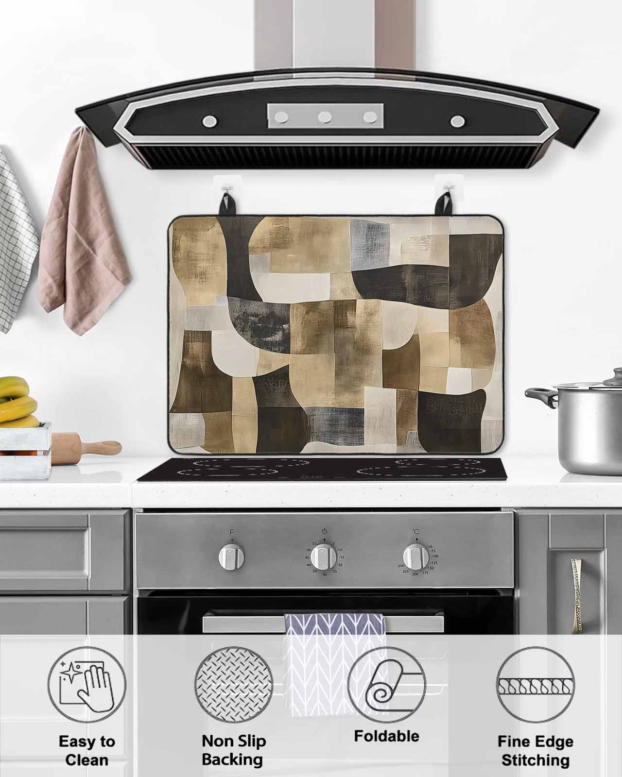 nqOlkjepod Large Induction Cooktop Protector Mat 24"x21", Abstract Boho Stove Top Covers for Electric Stove, Vintage Black Brown Geometric Decorative Stove Burner Cover Mats, Glass Top Stove Cover