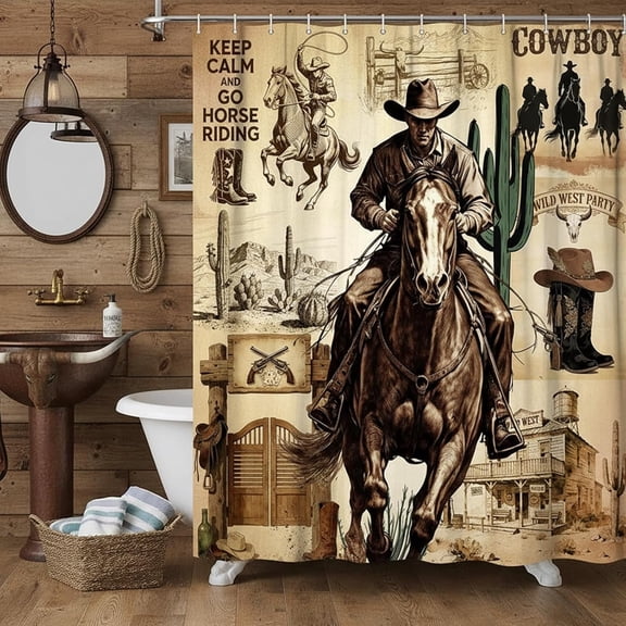 Western Cowboy Shower Curtain, Vintage Rustic Wild West Country Farmhouse Bathroom Shower Curtain Cowboy Waterproof Fabric Bathtub Curtains Decor with Hook