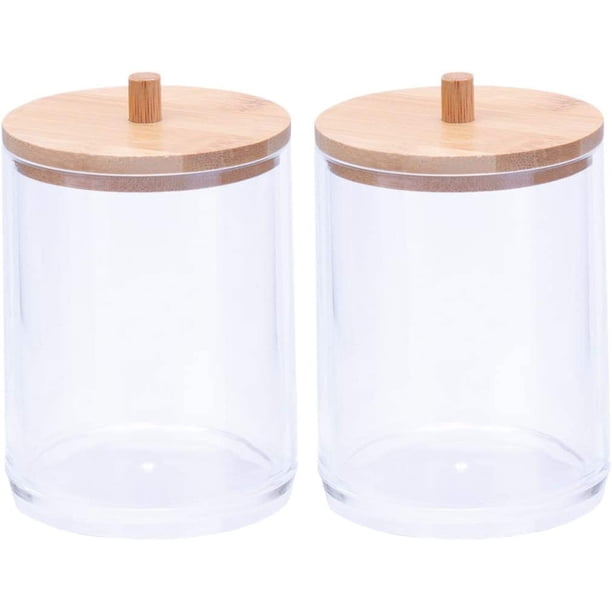 Organizador de bastoncillos de algodón acrílico, 2 uds., soporte dispensador de cilindro con tapa de bambú para sales de baño, banda para el cabello transparente esquí esquí Gafas de esquí