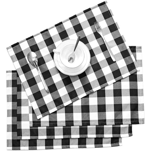 Plaid Checkered Placemats,Black & White Checker, Quality Thin and Durable Placemats for Dining Table Set of 4 (Black & White)