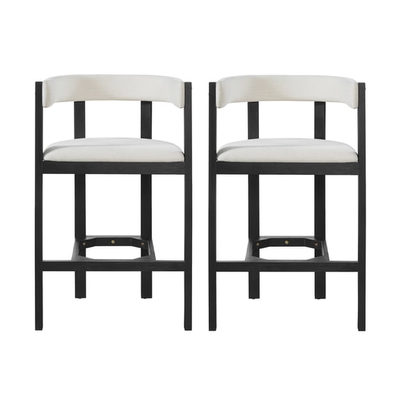 FFZ Set of 2 Bar Stools with Rubberwood Frame and Upholstered Barrel Back, Beige