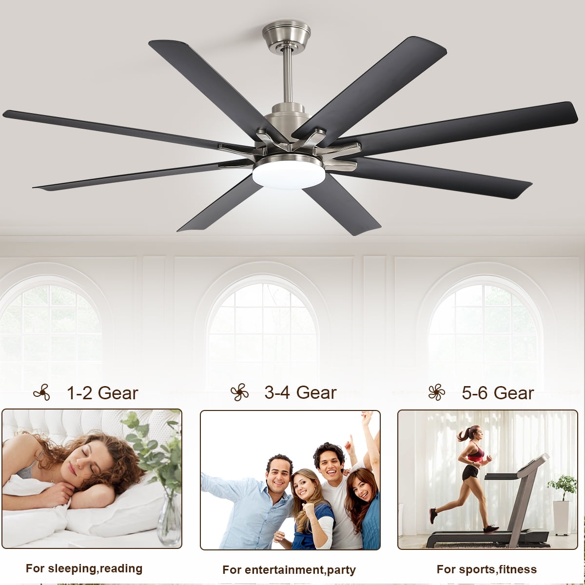 Sofucor 66" Modern Black Ceiling Fan with Light ,Phone APP and Remote,Voice Control
