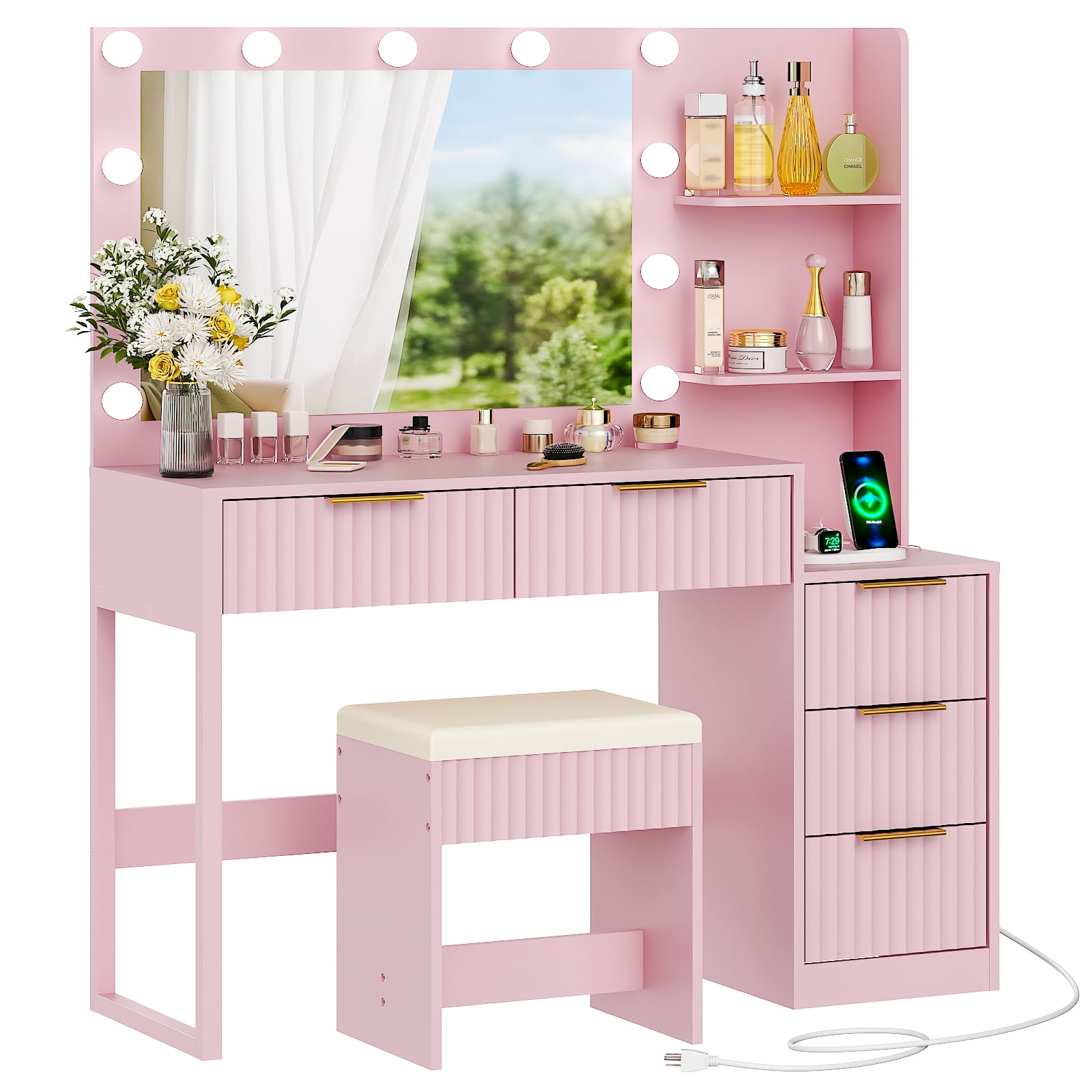 Ktaxon Flutted Makeup Vanity Table Set with 5 Drawer, Dressing Table w/Charging Station, Vanity Desk for Femal Gift, Pink
