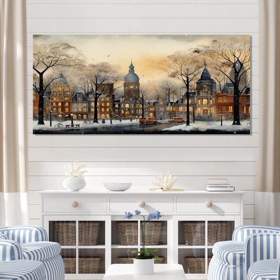 Designart "Landscape of a Russian City in Winter I" Extra Large Landscapes Wall Art - Traditional Grey Winter Landscape Hallway Wall Art Decor