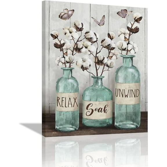Farmhouse Bathroom Decor Wall Art Rustic Cotton Teal Jar Bathroom Pictures for Wall Country Bathroom Canvas Prints Relax Soak Unwind Signs Painting Modern Artwork Home Decor for Bathroom 12"x16"