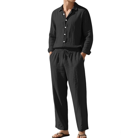 Men's Linen Blend Camp Collar Long Sleeve Shirt and Drawstring Pants Two Piece Outfit Black S