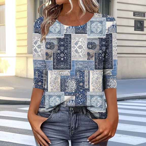 Jsaierl 3/4 Sleeve Womens Tops Casual Round Neck Shirts Retro Graphic Ladies Blouses Going Out Vacation Tunic Top S-5XL