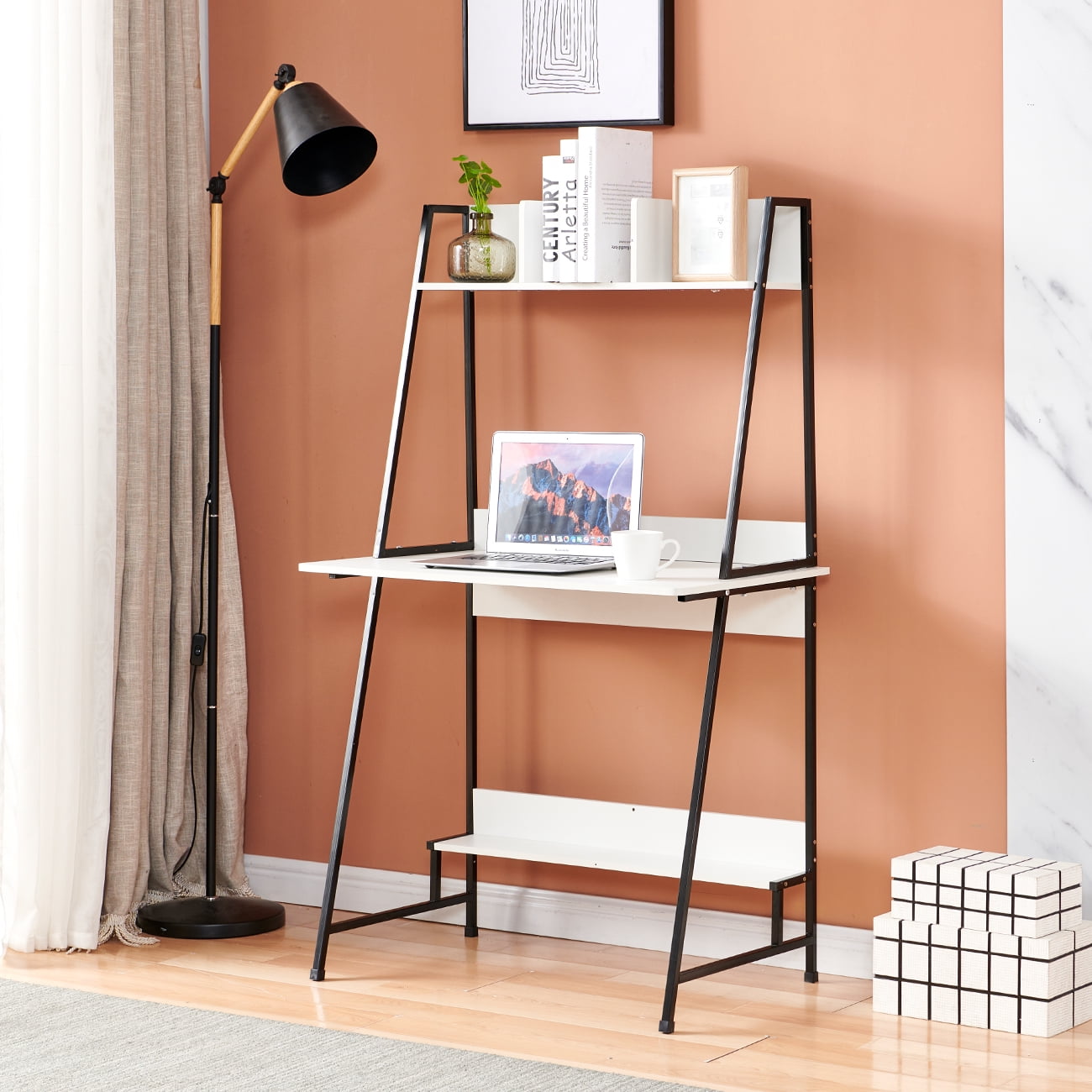 Modern Tall Computer Desk with Hutch with Upper Shelf Bookshelf