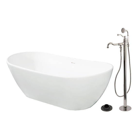 Kingston Brass KRTRS7232136AL 72-Inch Solid Surface Oval Double Ended Freestanding Tub with Faucet Combo and Drain in Polished Nickel