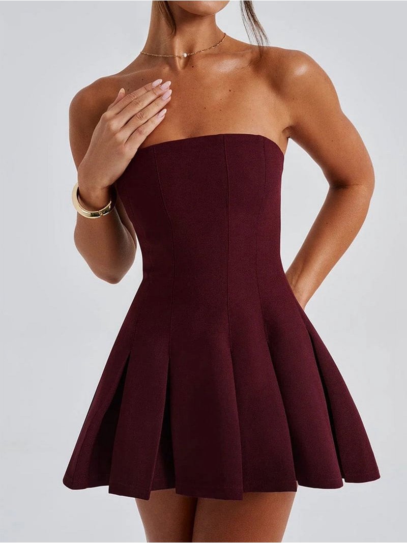 Women'S Sexy- Strapless Ruched Pleated Tube Mini Dress Y2K Sleeveless A  Line Bodycon Short Dress Wine Red XL - Walmart.com