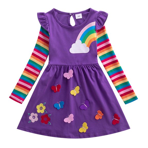 Odeerbi Autumn Children's Girl's Clothing 2024 Long Sleeve Flower Butterfly Embroidery Rainbow Dress