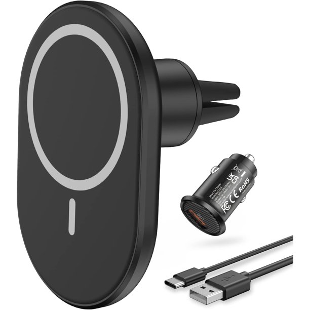 Cargador de coche inalámbrico magnético compatible con cargador de coche Mag-Safe para iPhone 14/13/12 Series con cargador de coche de 18 W negro