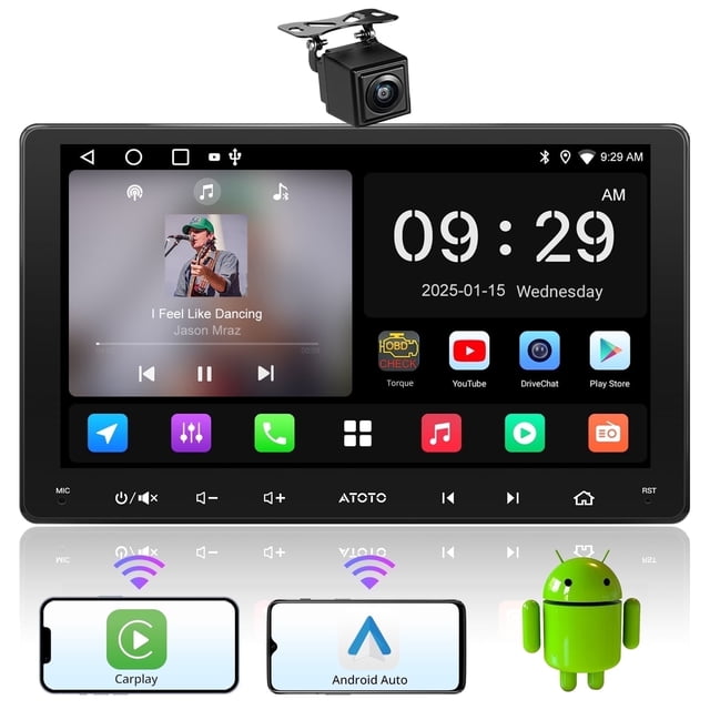 ATOTO Estéreo para Automóvil con Cámara de Respaldo, Estéreo para Automóvil Android de 9 Pulgadas con Doble Din, CarPlay Inalámbrico, Android Auto Drivechat, Navegación GPS con IA y WiFi, Ecualizador