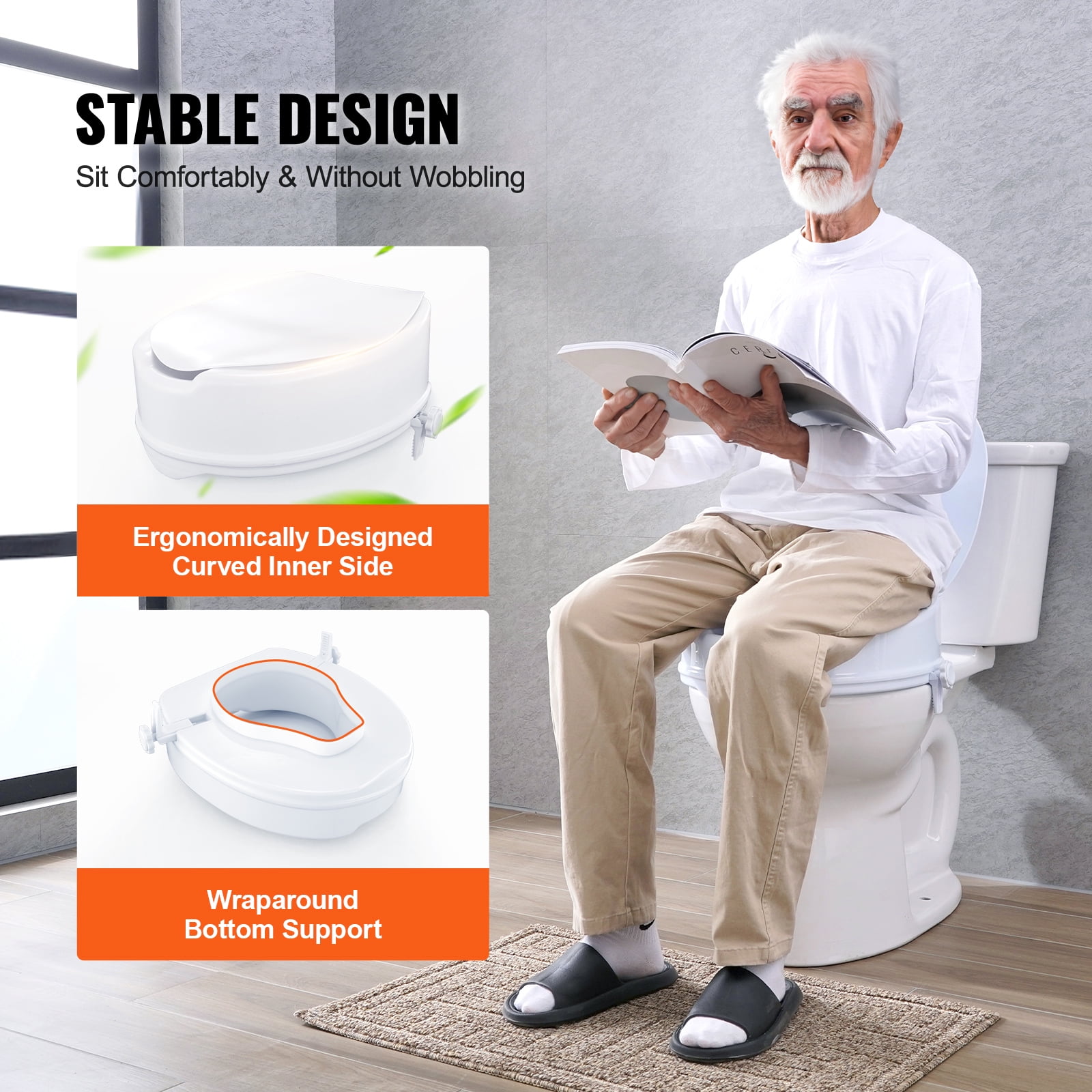 KFFKFF Raised Toilet Seat, Elevates 5" High, Supports up to 300 lbs, Universal Fit Toilet Seat Booster, Screw Rod Securing, Includes Toilet Seat, Ideal for Seniors, Disabled Individuals