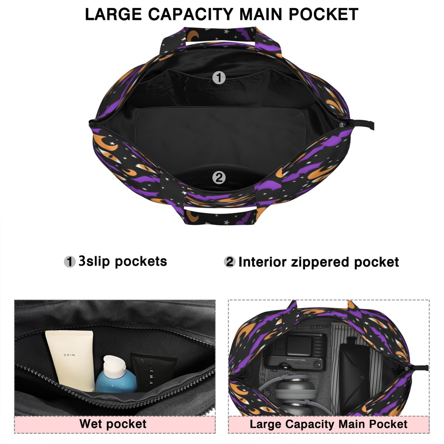 Halloween Bat Moon Eye Pattern Travel Tote Bags for Women Carry On,Large Weekender Bags for Women Travel,Multi Functional Duffle Bag for Work,Shopping,Sports