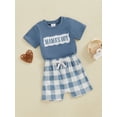 thumbnail image 5 of Baby Toddler Boys Summer Shorts Clothing Set, 6 9 12 18 24 Months Short Sleeve Embroidery Letters T-shirt with Plaid Shorts Outfit, 5 of 9
