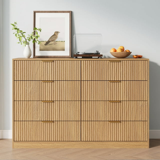 YouTrend Commode Cannelée avec 8 Tiroirs pour Adulte Poignée en Métal Garde-Robe en Bois Organisateur de Rangement pour Vêtements pour Chambre, Bois Brut