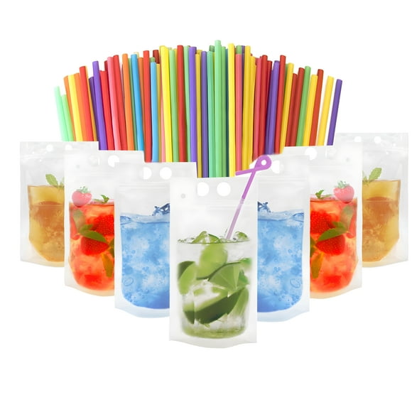 Muka 50 PCS 12 OZ Reusable Frosted Stand up Juice Pouches with Reusable Straws, Hand-held, 4 Mil