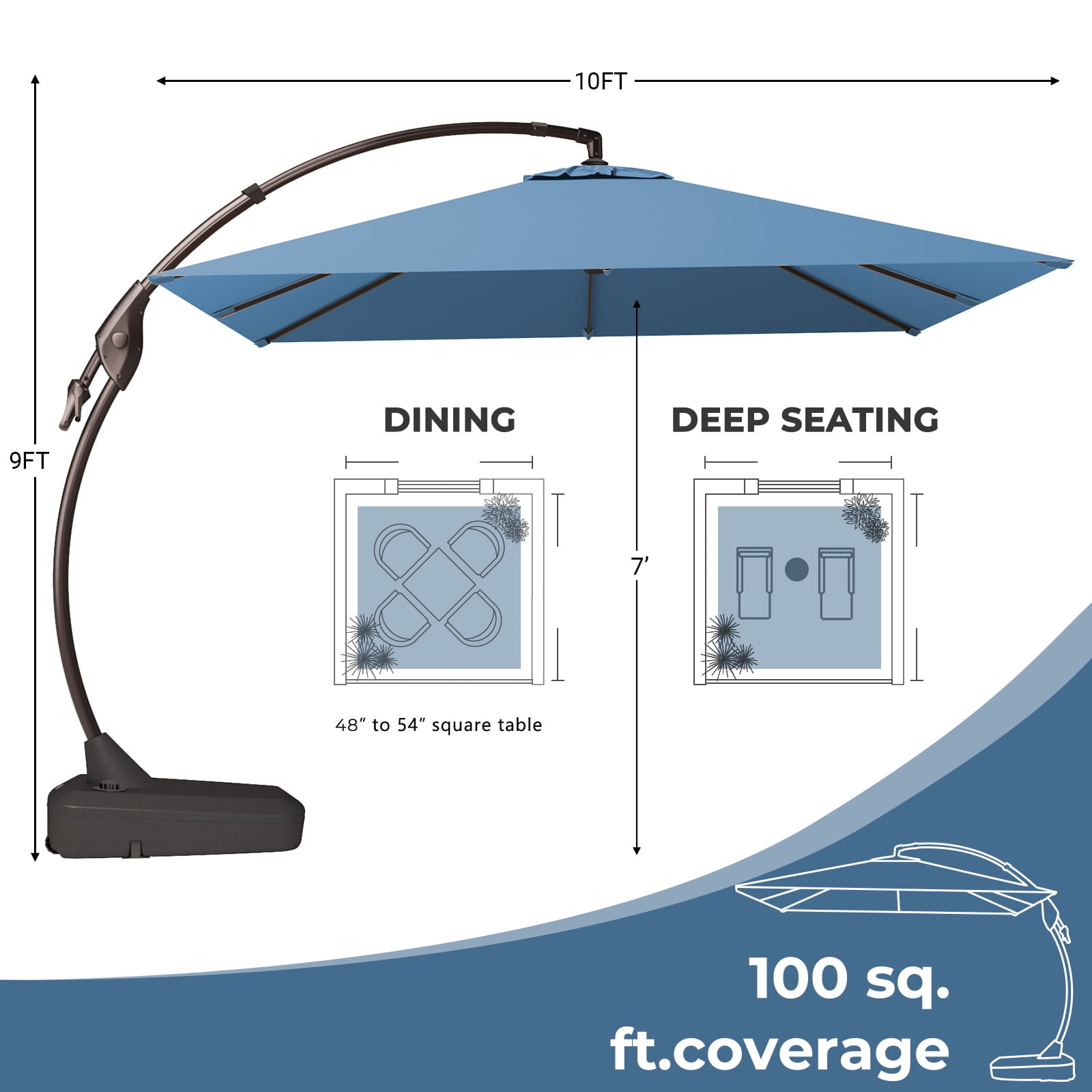 GRANDPATIO x SUNBRELLA 10x10 Ft Square Patio Umbrella Deluxe Curvy Aluminum Offset Umbrella, Outdoor Cantilever Umbrella with Base, Canvas Sapphire Blue