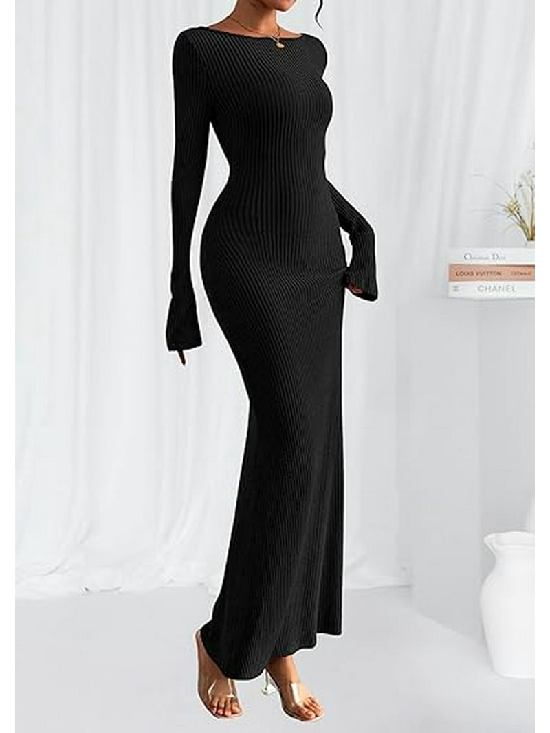 slim fit dress slacks PRETTYGARDEN Women's Fall Fashion Long Sleeve Maxi Dress Ribbed Knit B main image 0