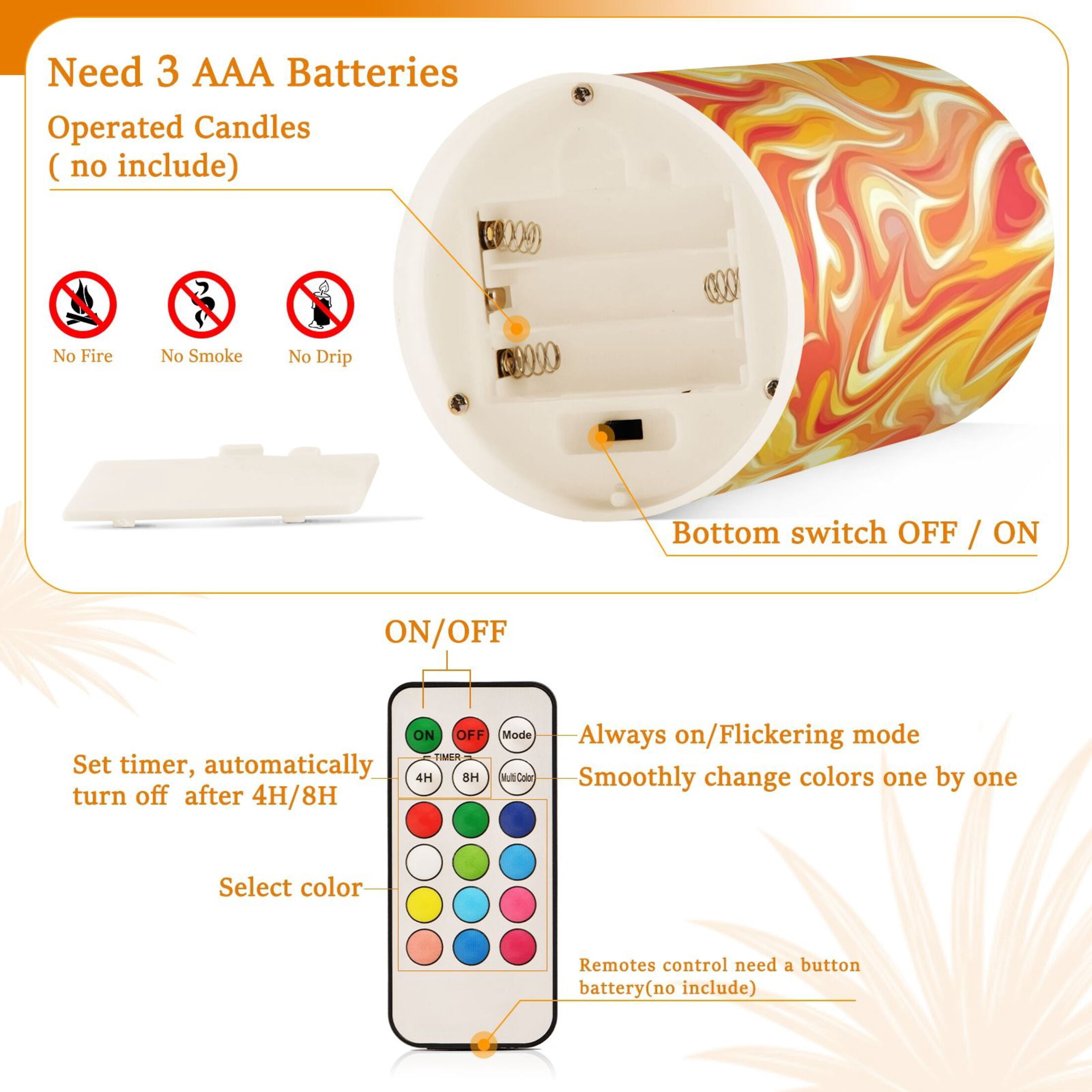Orange Blaze Print Flickering Flameless Candles Battery Operated with Remote Timer LED Pillar Candles Set of 2