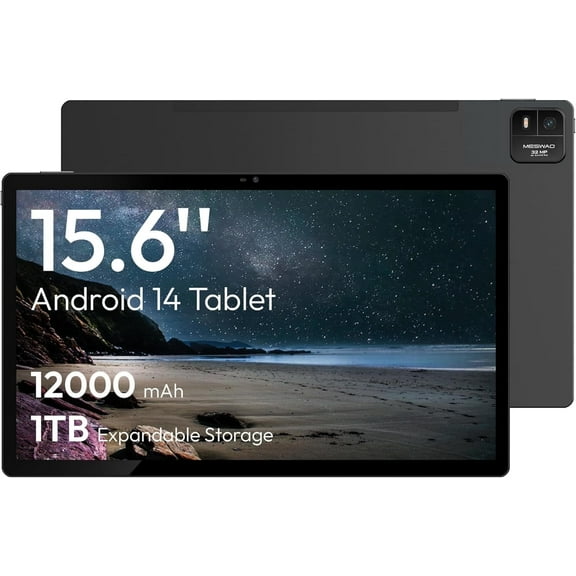MESWAO 15.6 Inch Android 14 Tablet, 2025 Large Tablet with1080 IPS HD Display Big Screen, 8-Core, 6GB 128GB, Support 1TB TF Card, 12000mAh Long Lasting Battery for Movie/Work-Space Gray