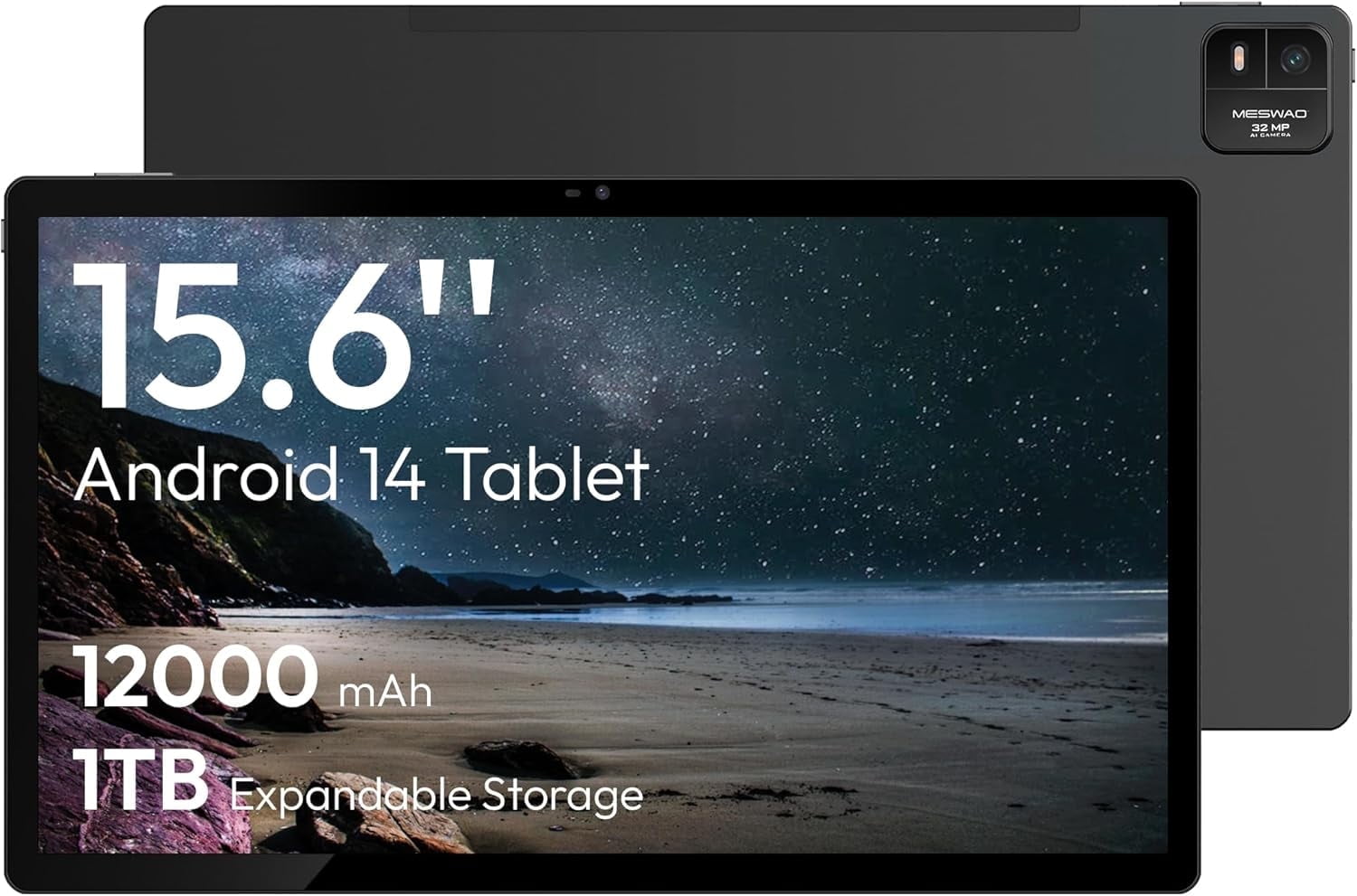 MESWAO 15.6 Inch Android 14 Tablet, 2025 Large Tablet with1080 IPS HD Display Big Screen, 8-Core, 6GB+128GB, Support 1TB TF Card, 12000mAh Long Lasting Battery for Movie/Work-Space Gray
