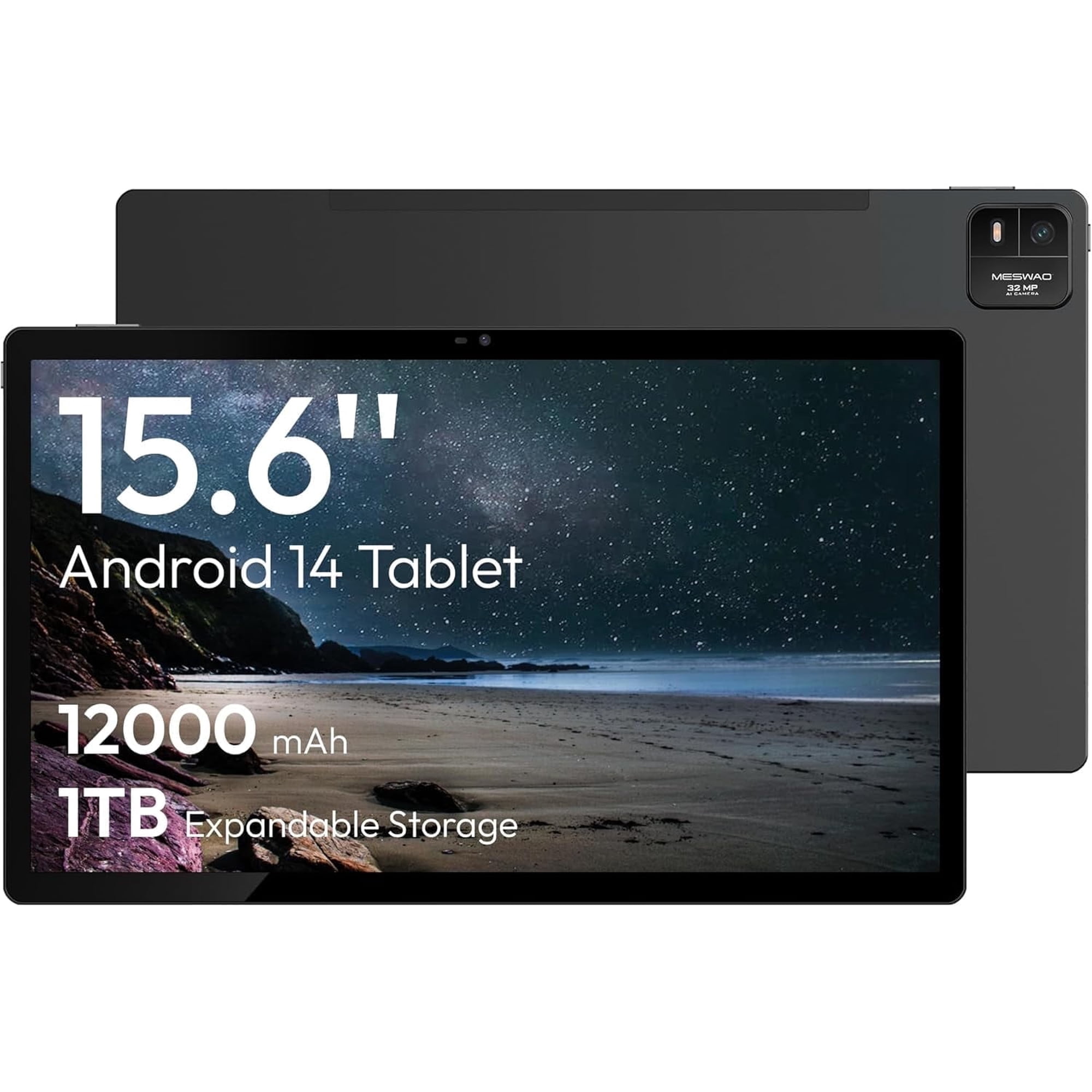 MESWAO 15.6 Inch Android 14 Tablet, 2025 Large Tablet with1080 IPS HD Display Big Screen, 8-Core, 6GB+128GB, Support 1TB TF Card, 12000mAh Long Lasting Battery for Movie/Work-Space Gray