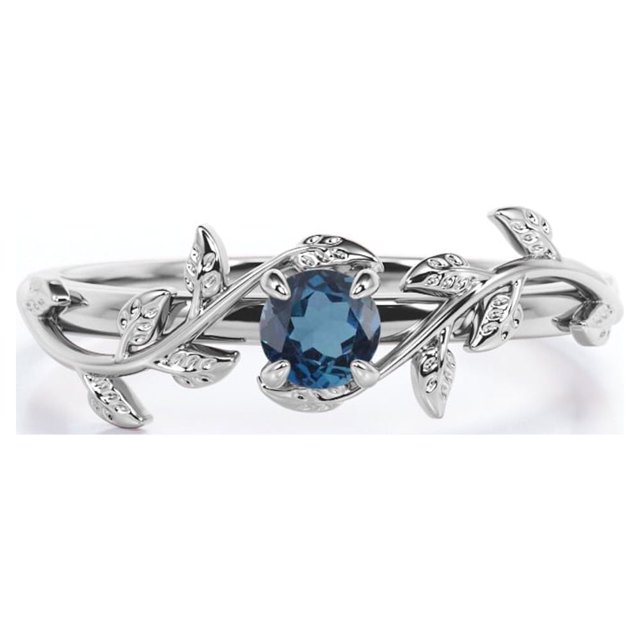 JeenMata Anillo de Compromiso con Diseño de Solitario con Topacio Azul Londres de Talla Brillante Redonda de 0,50 Quilates y Hojas en Forma de Rama Bañado en Oro Blanco de 18 K sobre Plata