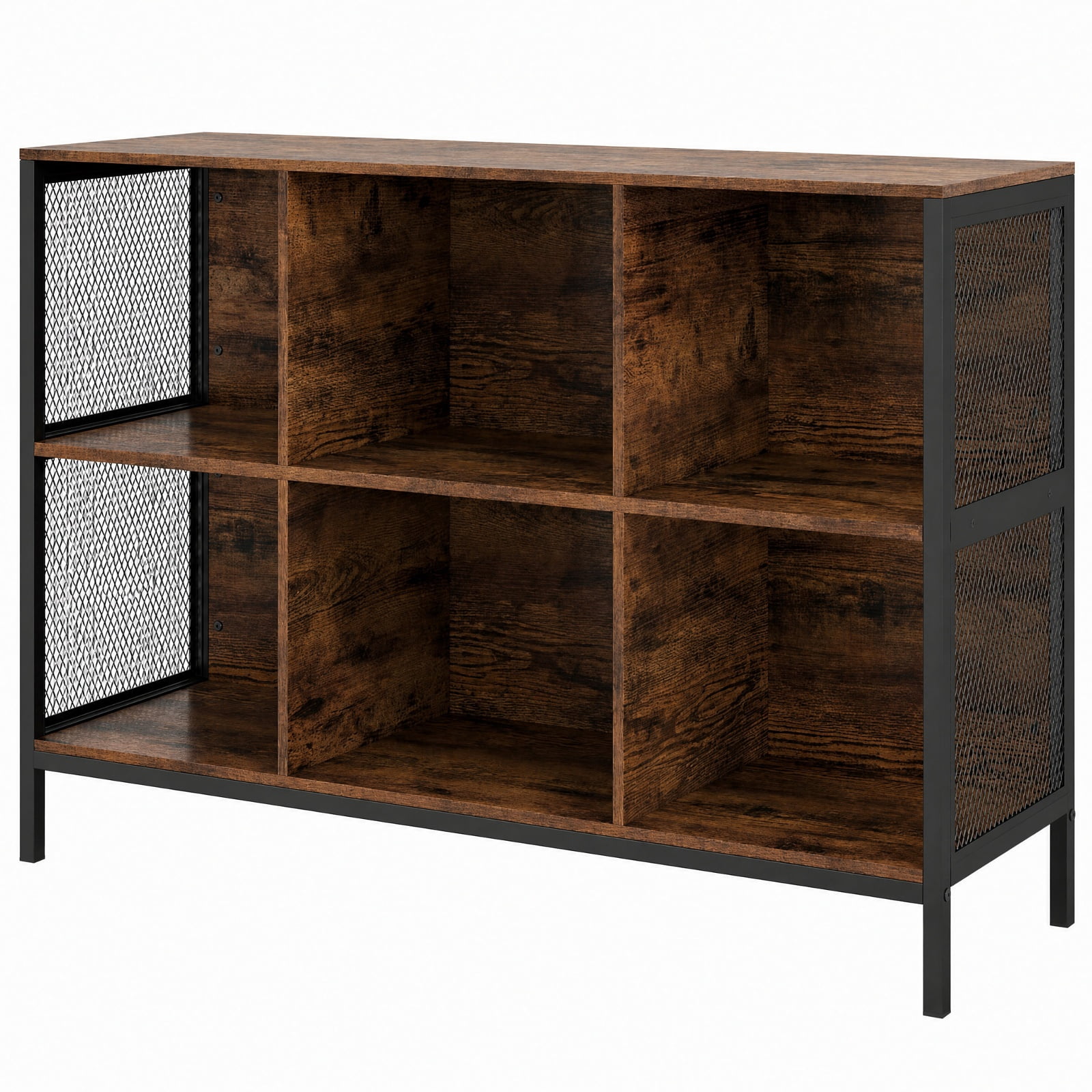 Furnibear 6 Cube Bookcase 42" Wide Horizontal Bookshelf with Accent Cubby Shelf for Living Room Home Office Bedroom Display Storage, Rustic Brown