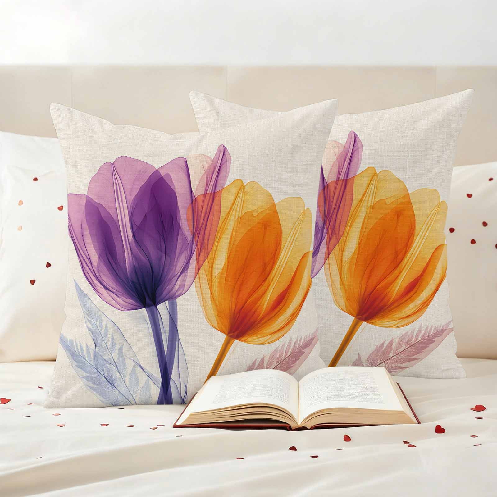 Spring Purple Pillow Covers 2 Pack Orange X-ray Tulip Flower Retro Pillowcase Waterproof Outdoor Throw Pillow Cover for Patio Garden Square Cushion 16”x16”