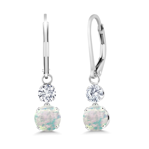 Gem Stone King 925 Sterling Silver White Opal and White Lab Grown Diamond Drop Dangle Earrings for Women (1.14 Cttw, Gemstone October Birthstone, Round Cabochon 6MM and 4MM)
