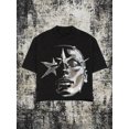 thumbnail image 3 of Women's Oversized Black T-Shirt with Chrome Face and Star Graphic Print, Loose Fit Y2K Streetwear Tee Top, 3 of 9